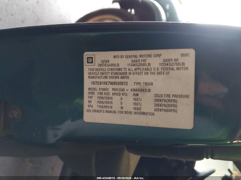 1998 GMC Sonoma Sls Sportside VIN: 1GTCS19X7W8500972 Lot: 43348019
