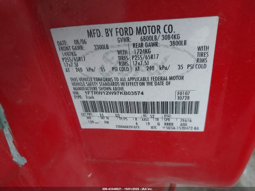 2007 Ford F-150 Xlt VIN: 1FTRW12W97KB03574 Lot: 43348021