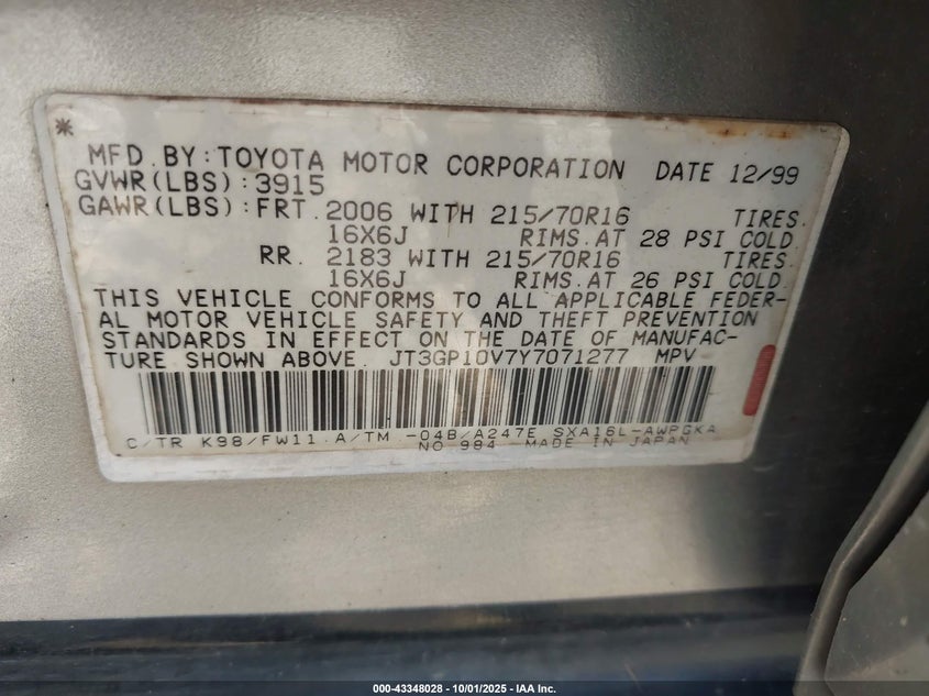 2000 Toyota Rav4 VIN: JT3GP10V7Y7071277 Lot: 43348028