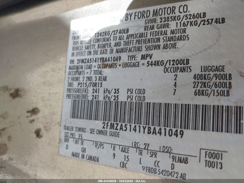 2000 Ford Windstar Lx VIN: 2FMZA5141YBA41049 Lot: 43348029