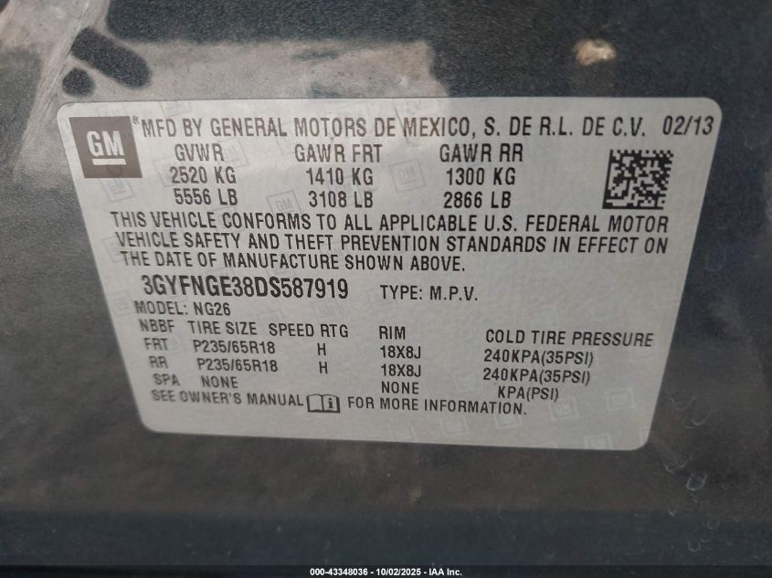 2013 Cadillac Srx Luxury Collection VIN: 3GYFNGE38DS587919 Lot: 43348036