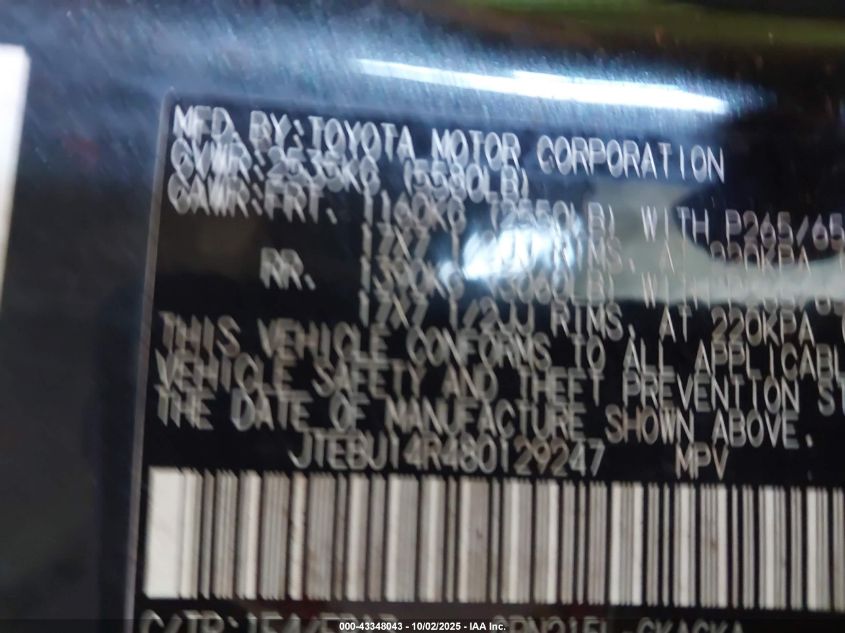 2008 Toyota 4Runner Sport V6 VIN: JTEBU14R480129247 Lot: 43348043