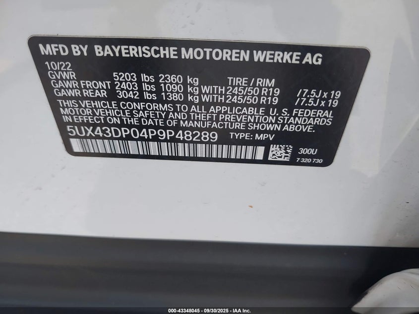 2023 BMW X3 2.0L I-4 DI, DOHC, V(VIN: 5UX43DP04P9P48289