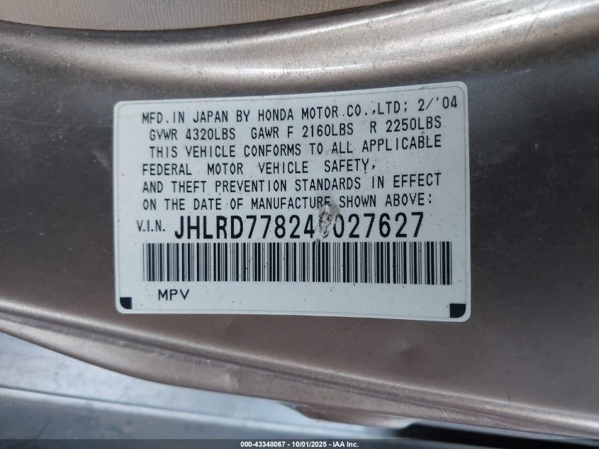 2004 Honda Cr-V Ex VIN: JHLRD77824C027627 Lot: 43348067