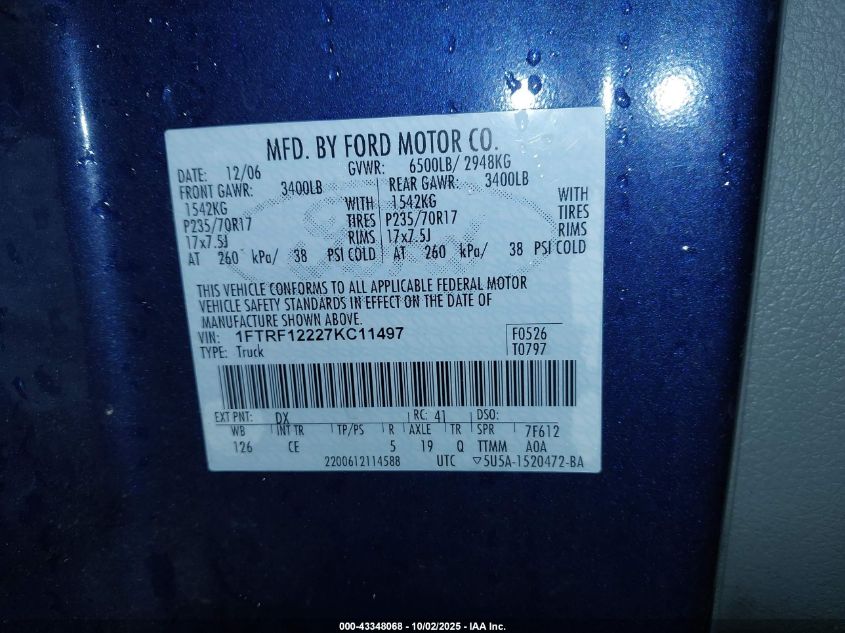 2007 Ford F-150 Stx/Xl/Xlt VIN: 1FTRF12227KC11497 Lot: 43348068