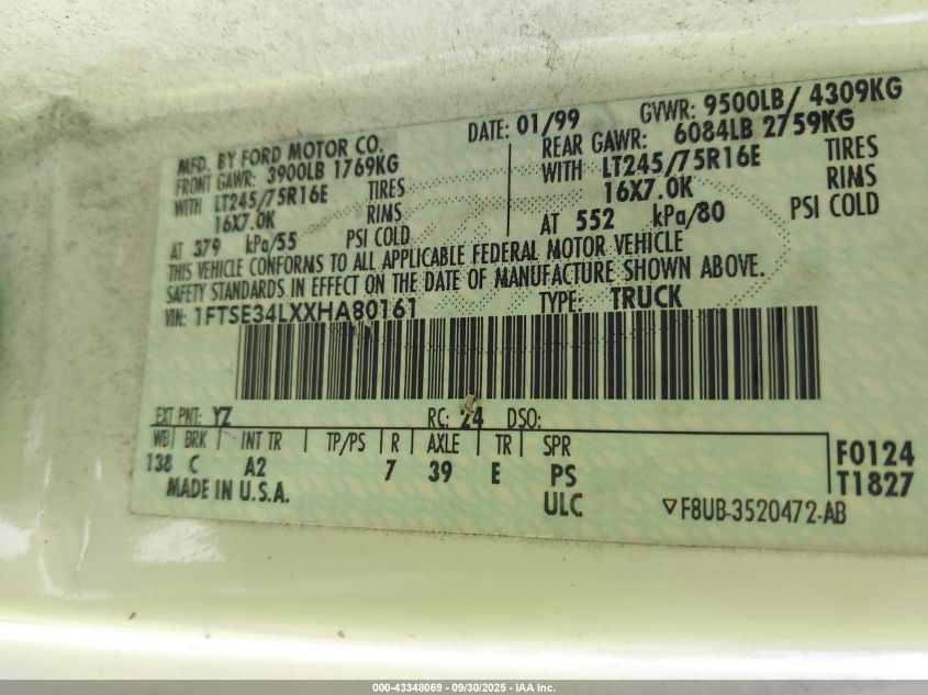 1999 Ford E-350 Super Duty Commercial/Recreational VIN: 1FTSE34LXXHA80161 Lot: 43348069