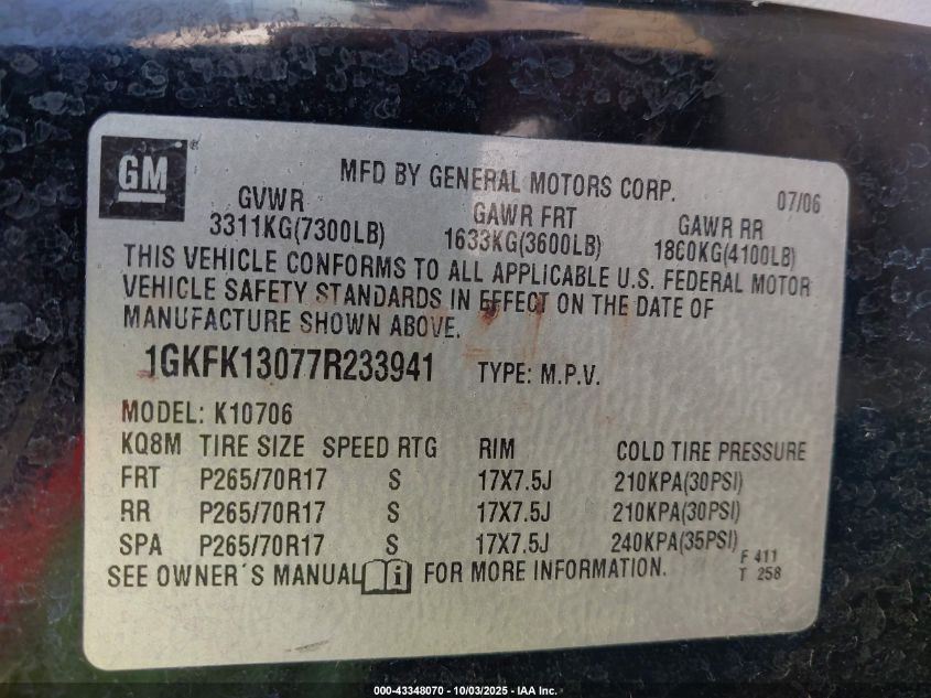 2007 GMC Yukon Commercial Fleet VIN: 1GKFK13077R233941 Lot: 43348070