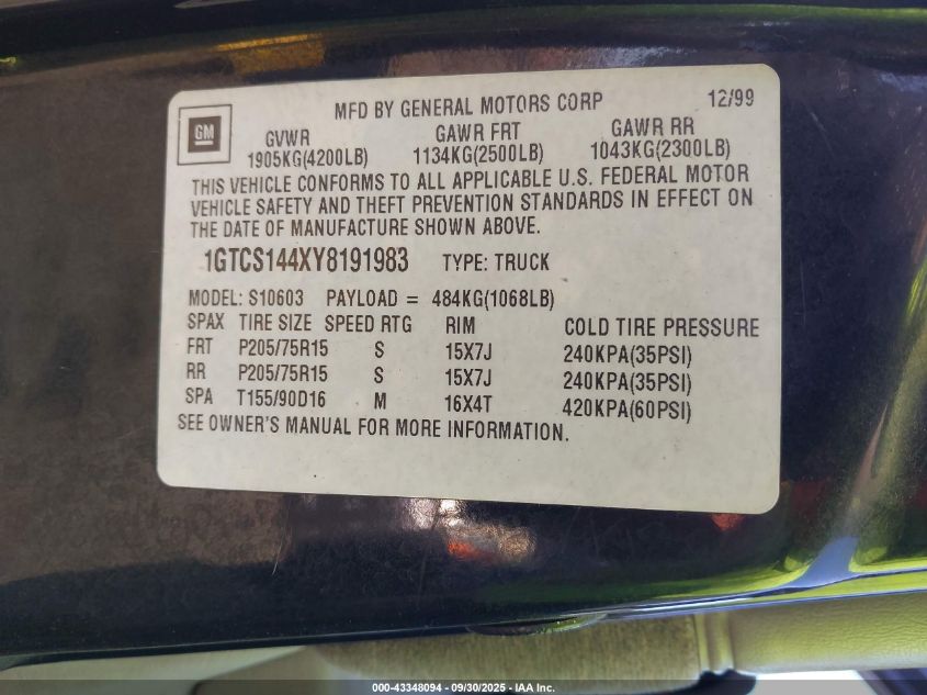 2000 GMC Sonoma Sls VIN: 1GTCS144XY8191983 Lot: 43348094