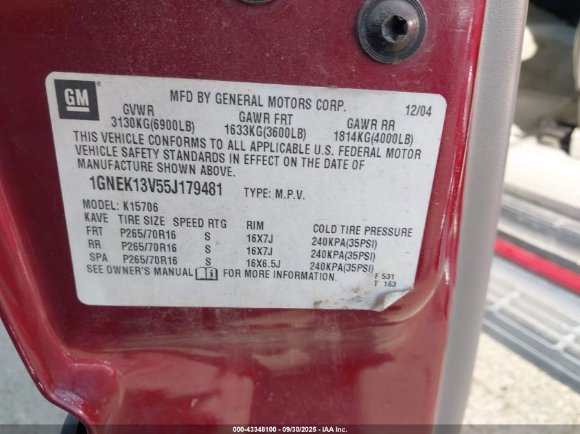 2005 Chevrolet Tahoe Ls VIN: 1GNEK13V55J179481 Lot: 43348100