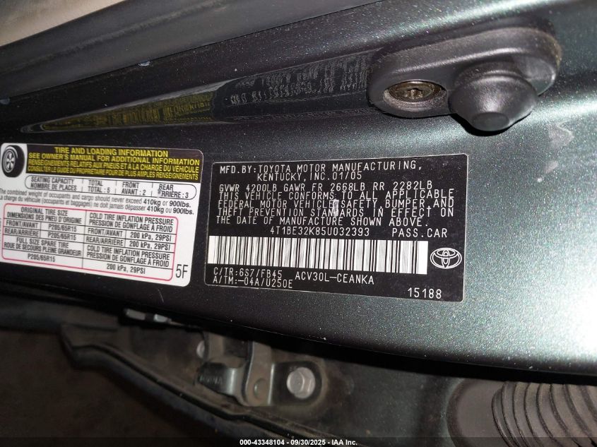 2005 Toyota Camry Le VIN: 4T1BE32K85U032393 Lot: 43348104