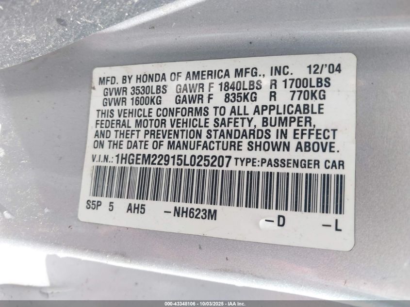 2005 Honda Civic Ex VIN: 1HGEM22915L025207 Lot: 43348106