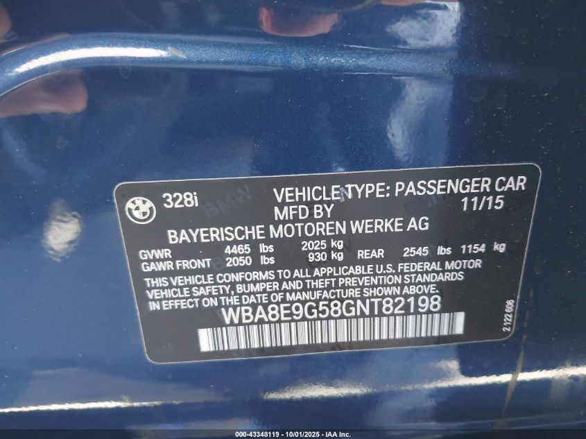 2016 BMW 328I VIN: WBA8E9G58GNT82198 Lot: 43348119
