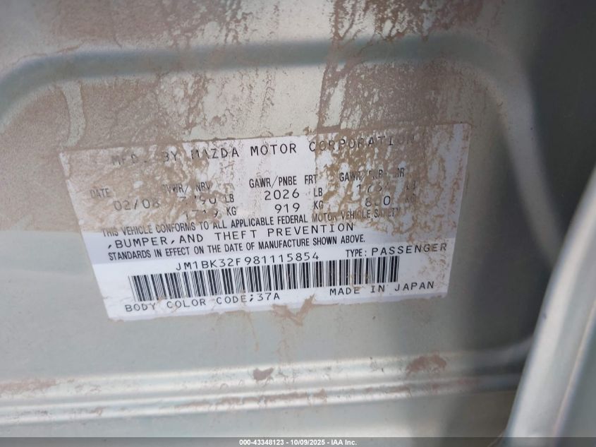 2008 Mazda Mazda3 I Touring Value VIN: JM1BK32F981115854 Lot: 43348123