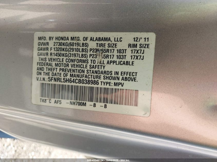 2012 Honda Odyssey Ex-L VIN: 5FNRL5H64CB038986 Lot: 43348124