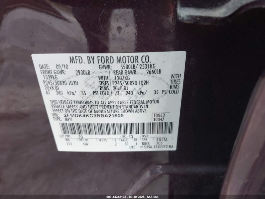 2011 Ford Edge Limited VIN: 2FMDK4KC3BBA21609 Lot: 43348135