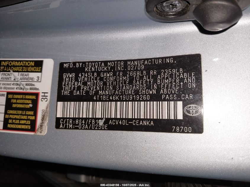 2009 Toyota Camry Le VIN: 4T1BE46K19U919260 Lot: 43348156