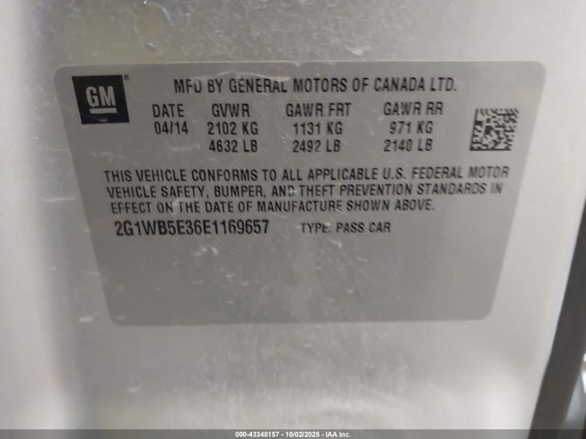 2014 Chevrolet Impala Limited Lt VIN: 2G1WB5E36E1169657 Lot: 43348157