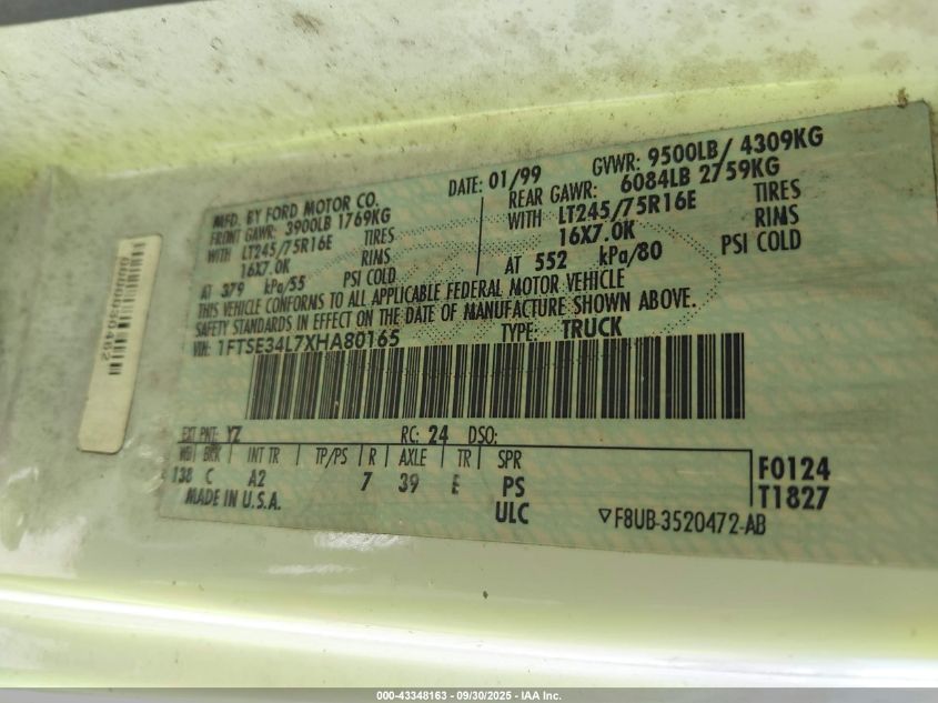 1999 Ford E-350 Super Duty Commercial/Recreational VIN: 1FTSE34L7XHA80165 Lot: 43348163