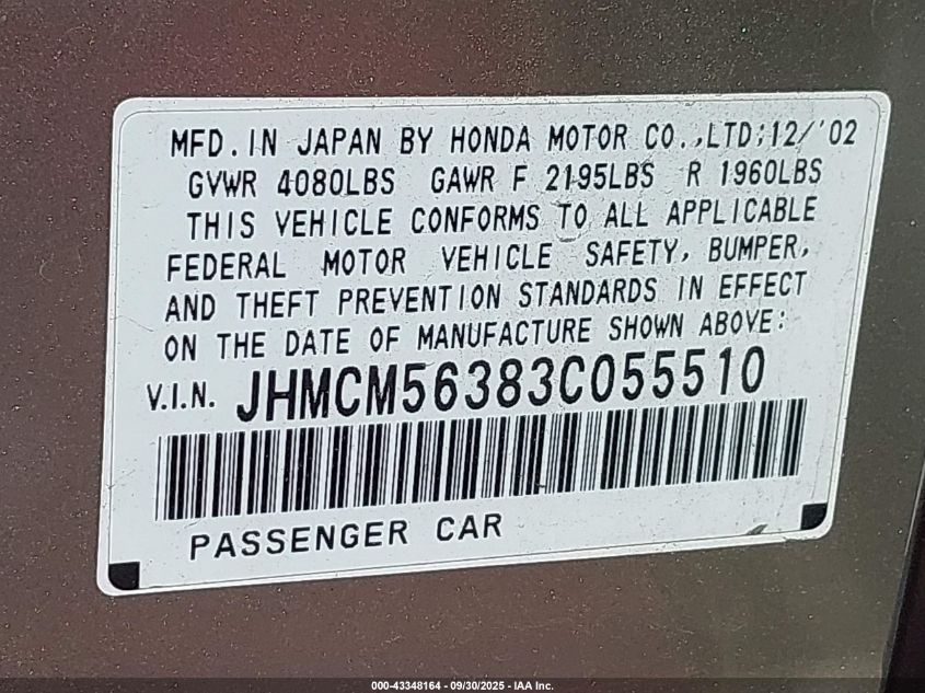 2003 Honda Accord 2.4 Lx VIN: JHMCM56383C005510 Lot: 43348164