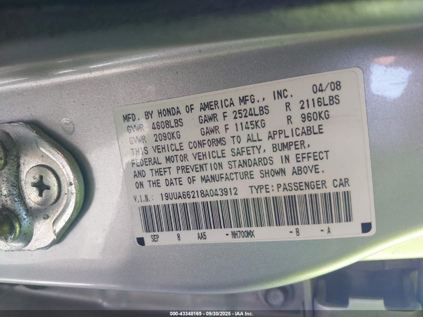 2008 Acura Tl 3.2 VIN: 19UUA66218A043912 Lot: 43348169