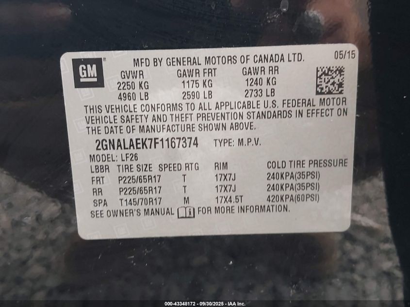 2015 Chevrolet Equinox Ls VIN: 2GNALAEK7F1167374 Lot: 43348172