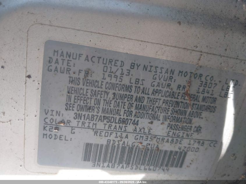 2013 Nissan Sentra Sl VIN: 3N1AB7AP5DL660744 Lot: 43348173