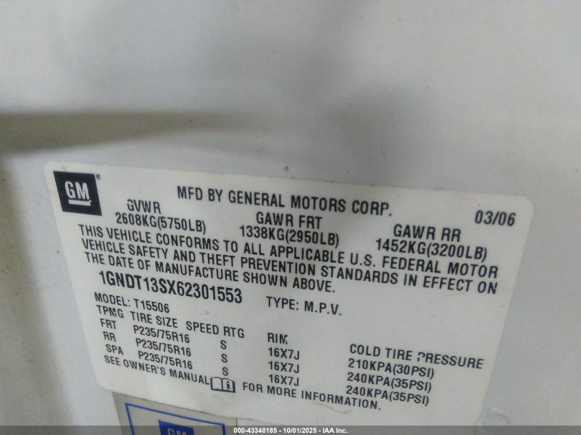 2006 Chevrolet Trailblazer Ls VIN: 1GNDT13SX62301553 Lot: 43348185