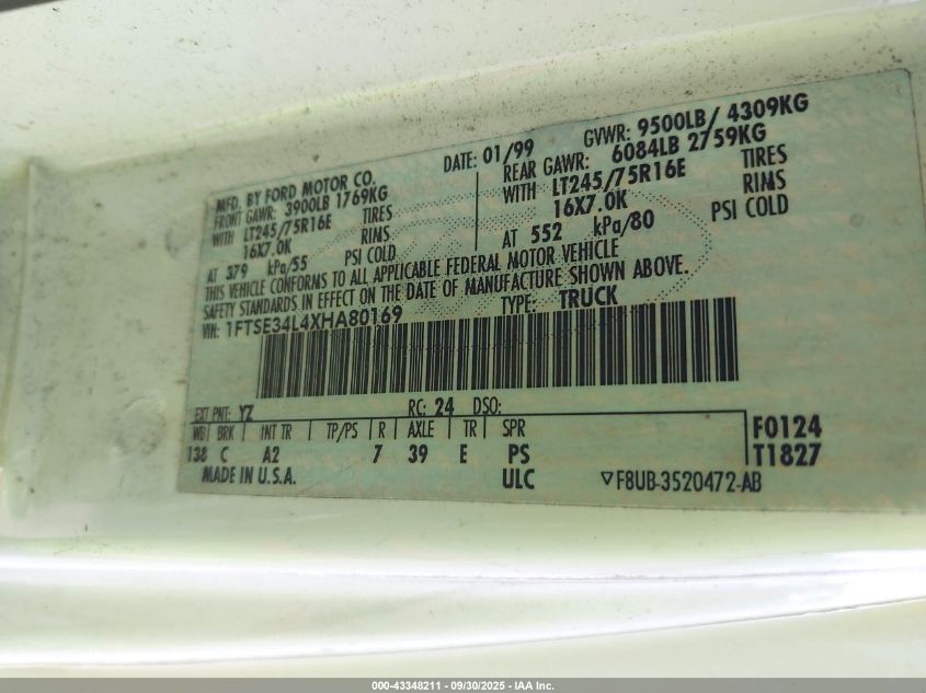 1999 Ford E-350 Super Duty Commercial/Recreational VIN: 1FTSE34L4XHA80169 Lot: 43348211