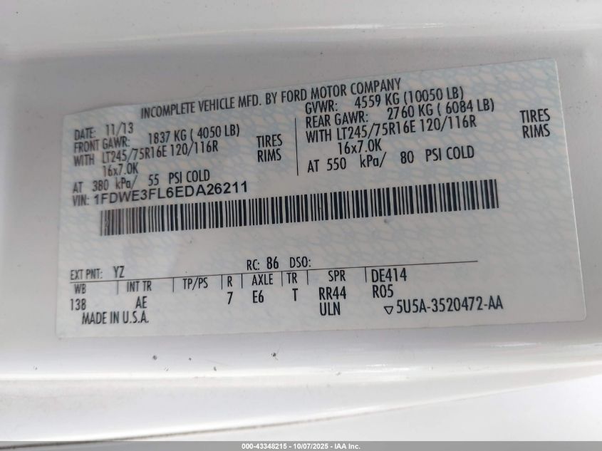2014 Ford E-350 Cutaway VIN: 1FDWE3FL6EDA26211 Lot: 43348215