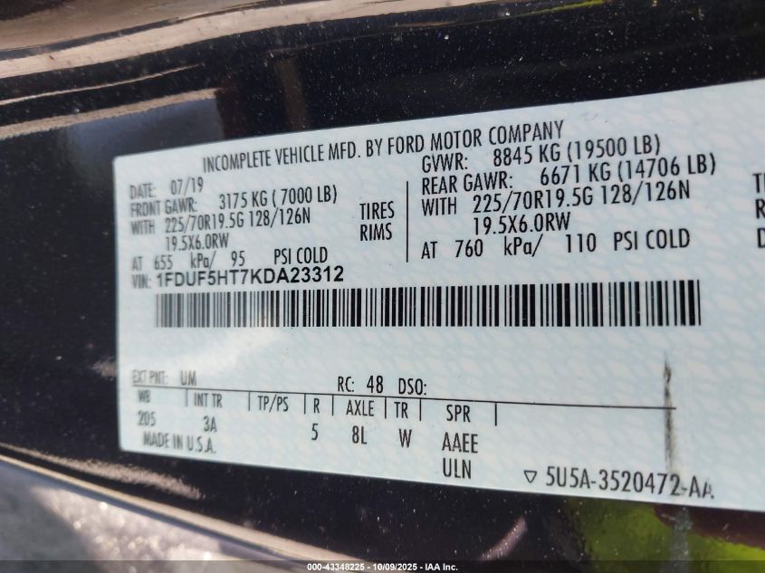 2019 Ford F-550 Chassis Xlt VIN: 1FDUF5HT7KDA23312 Lot: 43348225