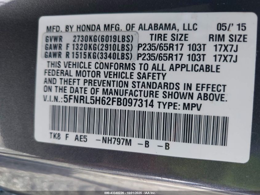 2015 Honda Odyssey Ex-L VIN: 5FNRL5H62FB097314 Lot: 43348226