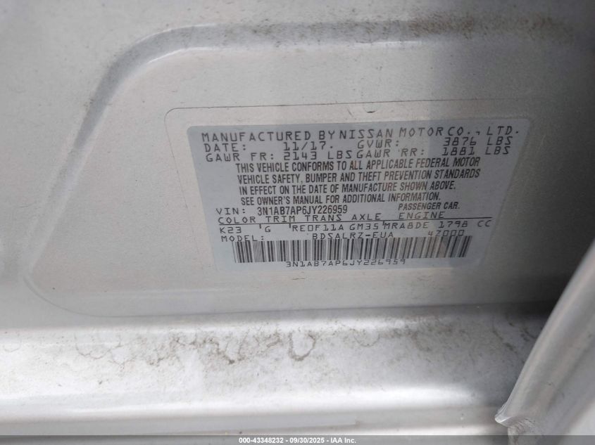 2018 Nissan Sentra Sr VIN: 3N1AB7AP6JY226959 Lot: 43348232