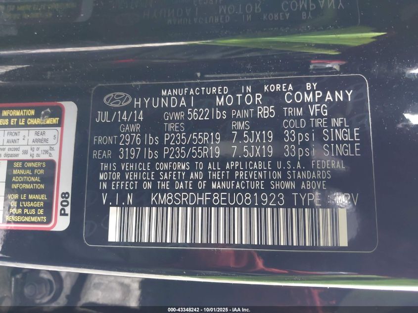 2014 Hyundai Santa Fe Gls VIN: KM8SRDHF8EU081923 Lot: 43348242