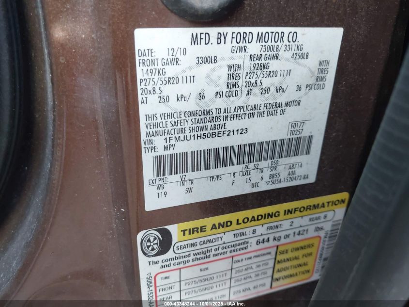 2011 Ford Expedition King Ranch VIN: 1FMJU1H50BEF21123 Lot: 43348244