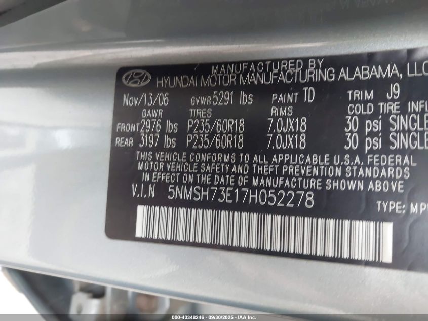 2007 Hyundai Santa Fe Limited/Se VIN: 5NMSH73E17H052278 Lot: 43348246