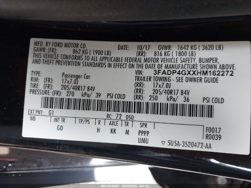 2017 Ford Fiesta St VIN: 3FADP4GXXHM162272 Lot: 43348247