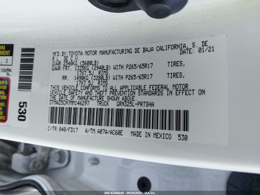 2021 Toyota Tacoma Trd Sport VIN: 3TMAZ5CN7MM146297 Lot: 43348248