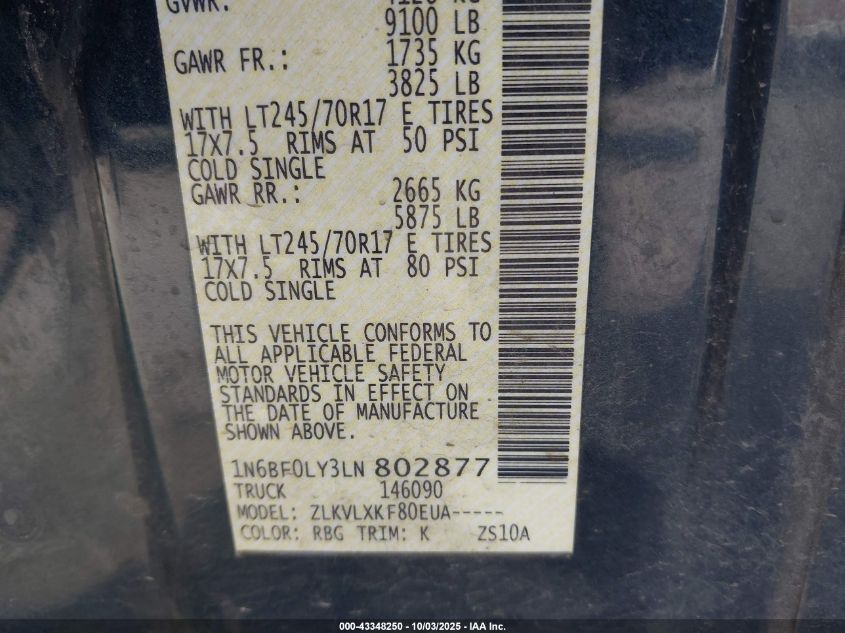 2020 Nissan Nv Cargo Nv2500 Hd Sv High Roof V6 VIN: 1N6BF0LY3LN802877 Lot: 43348250