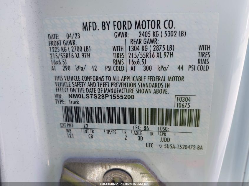 2023 Ford Transit Connect Xl VIN: NM0LS7S28P1555200 Lot: 43348251