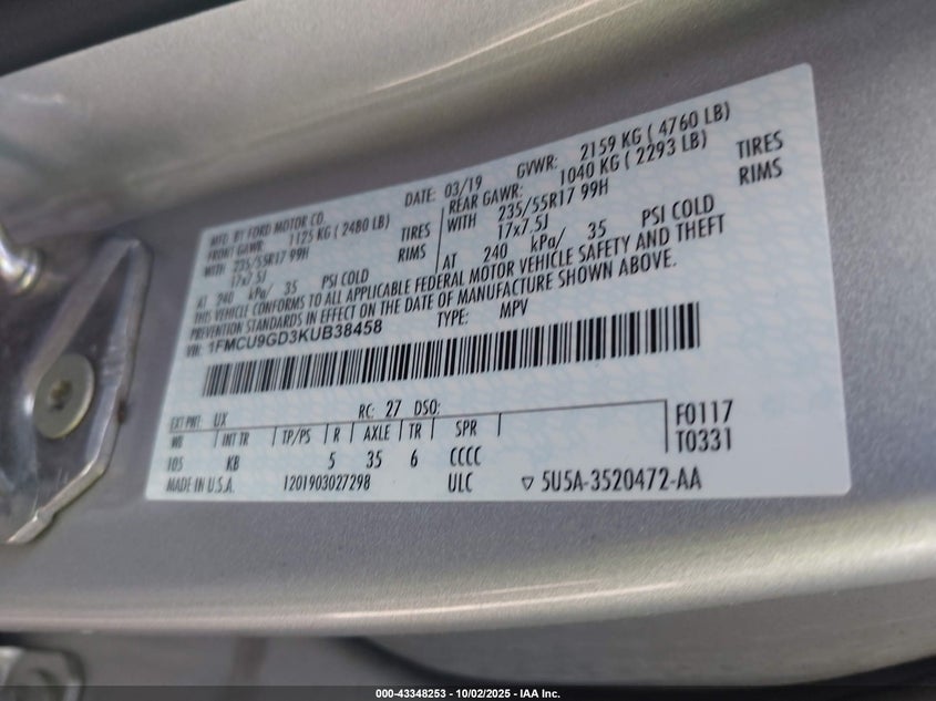 2019 FORD ESCAPE SE - 1FMCU9GD3KUB38458