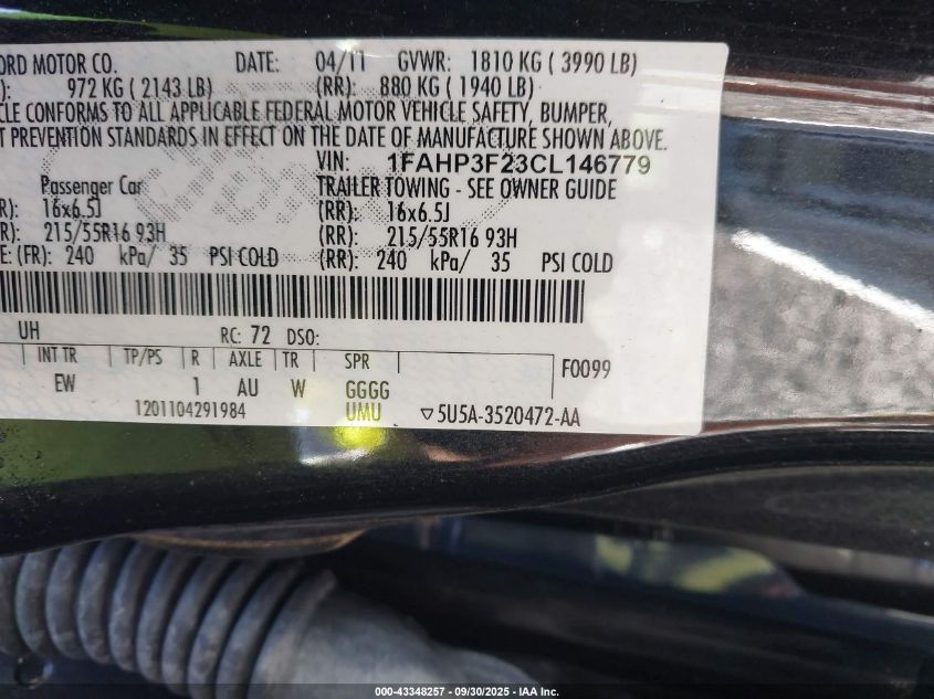 2012 Ford Focus Se VIN: 1FAHP3F23CL146779 Lot: 43348257