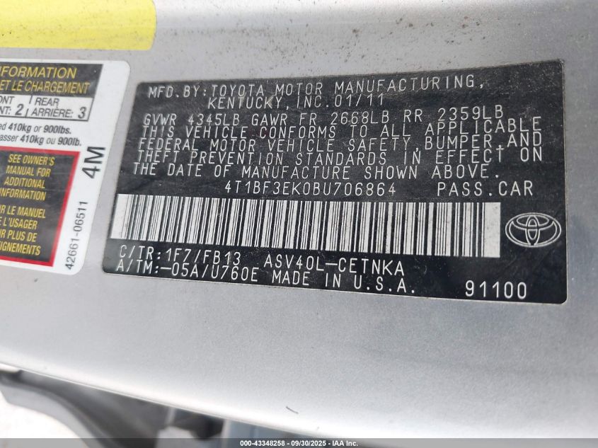 2011 Toyota Camry Le VIN: 4T1BF3EK0BU706864 Lot: 43348258