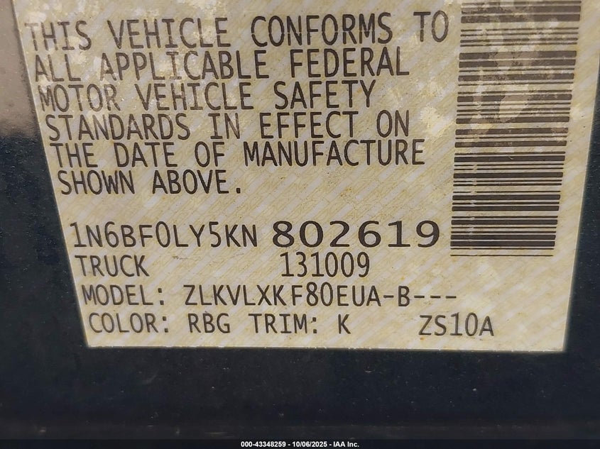 2019 Nissan Nv Cargo Nv2500 Hd Sv V6 VIN: 1N6BF0LY5KN802619 Lot: 43348259