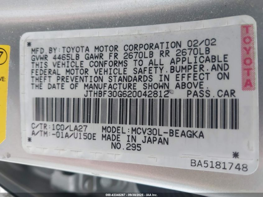 2002 Lexus Es 300 VIN: JTHBF30G620042812 Lot: 43348267