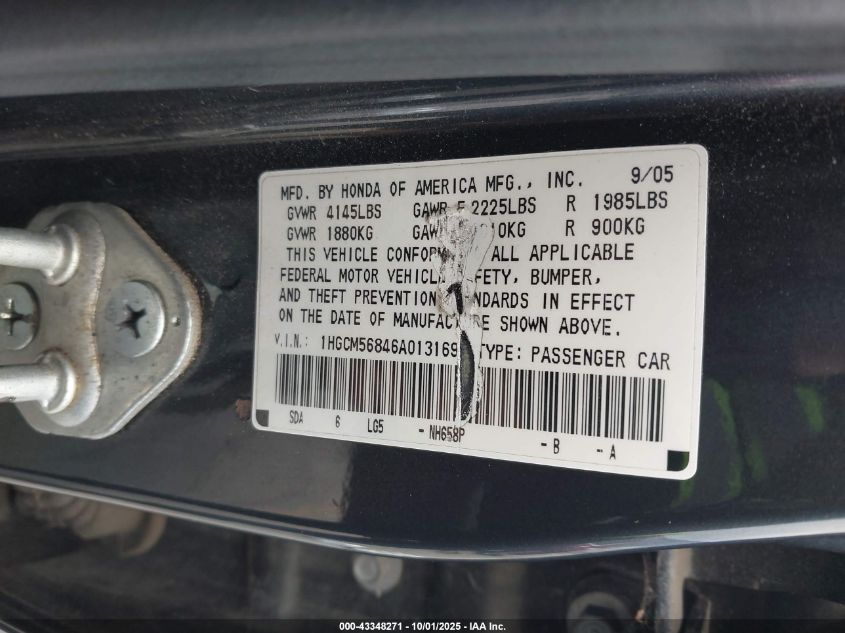 2006 Honda Accord 2.4 Ex VIN: 1HGCM56846A013169 Lot: 43348271