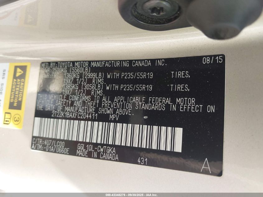 2015 Lexus Rx 350 VIN: 2T2ZK1BAXFC204411 Lot: 43348276