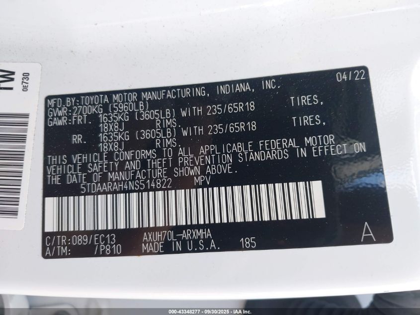 2022 Toyota Highlander Hybrid Xle Bronze Edition VIN: 5TDAARAH4NS514822 Lot: 43348277