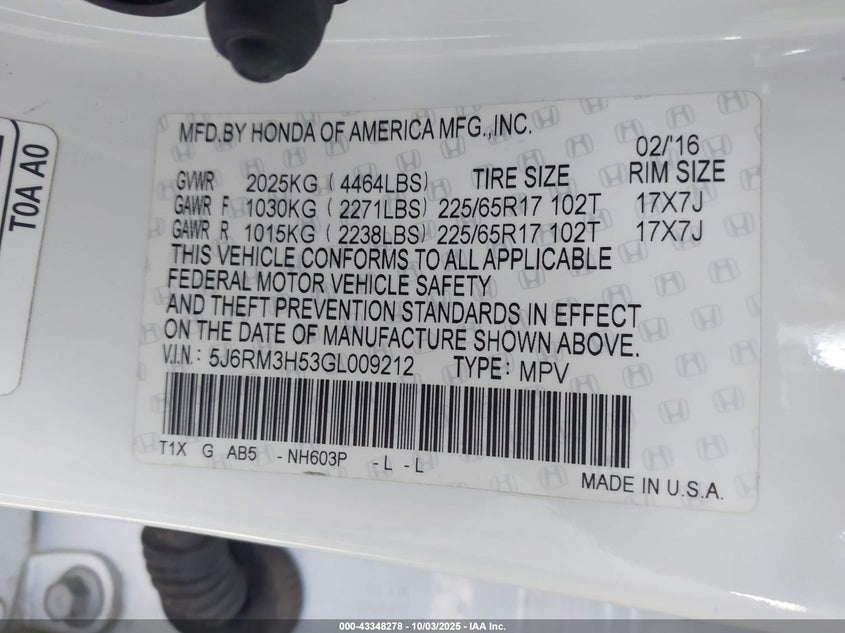 2016 HONDA CR-V EX - 5J6RM3H53GL009212