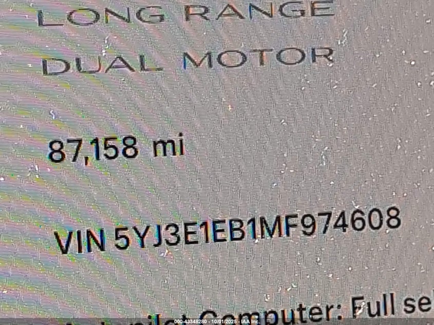 2021 Tesla Model 3 Long Range Dual Motor All-Wheel Drive VIN: 5YJ3E1EB1MF974608 Lot: 43348280