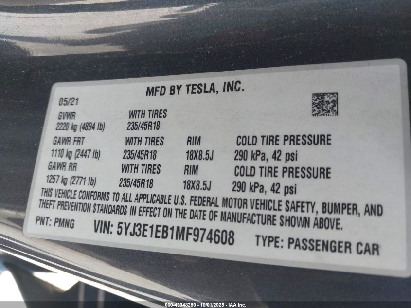 2021 Tesla Model 3 Long Range Dual Motor All-Wheel Drive VIN: 5YJ3E1EB1MF974608 Lot: 43348280